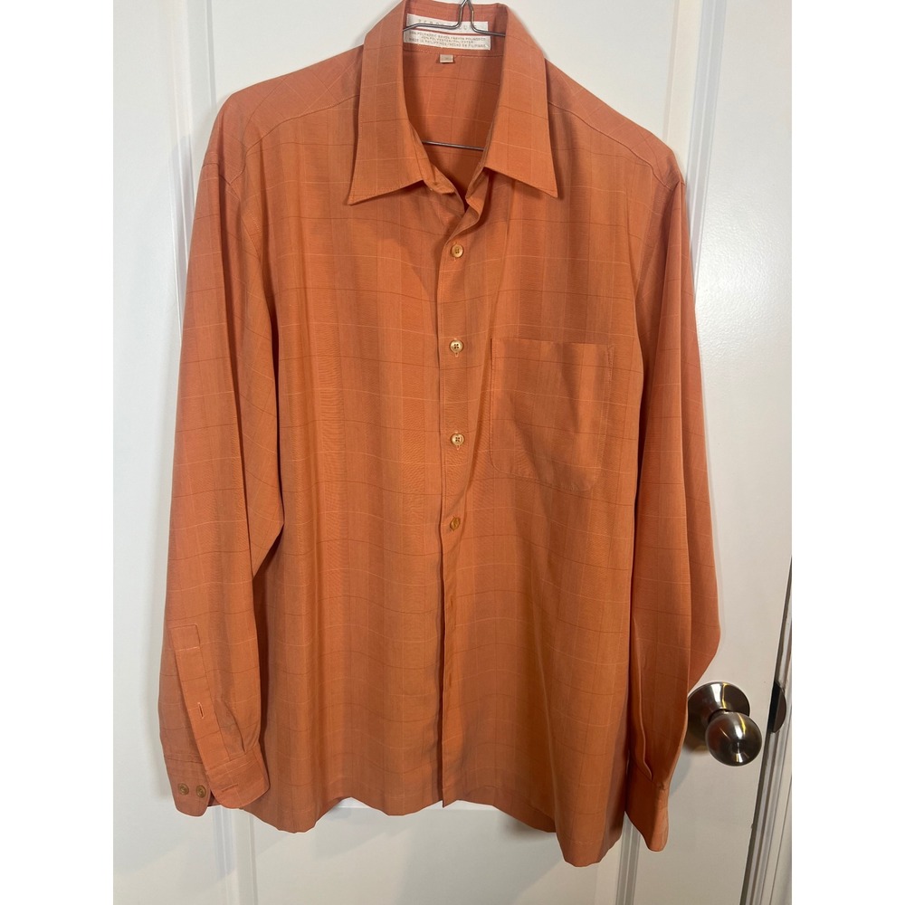 Perry Ellis Mens Button Down Shirt Textured Grid Burnt Orange Size Medium